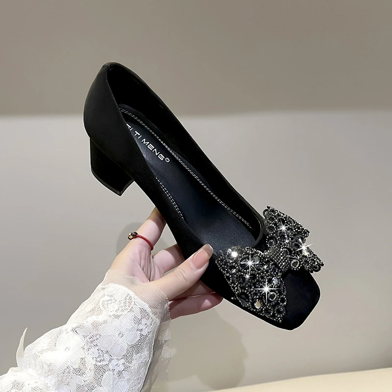 浅口高跟鞋女方头中跟粗跟气质舒适黑色百搭单鞋软底方扣水钻女鞋