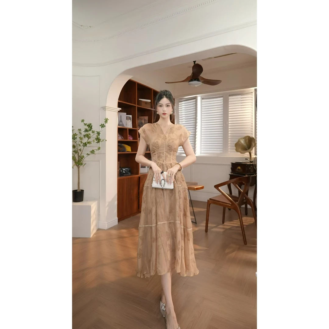 【宝总】时尚优雅收腰修身名媛宴会显瘦轻奢方领设计感连衣裙21273