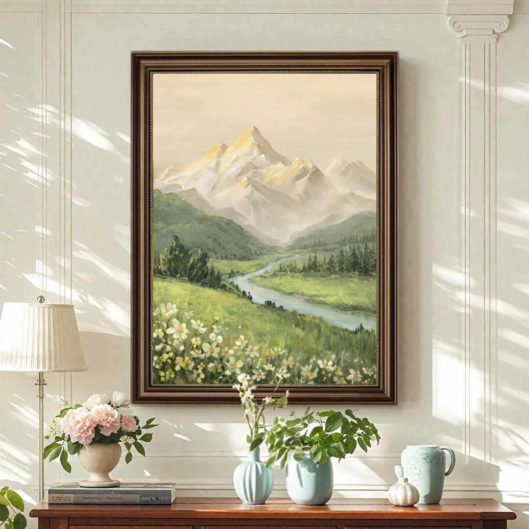 日照金山入户玄关装饰画山水画客厅挂画高级感大芬油画村走廊过道