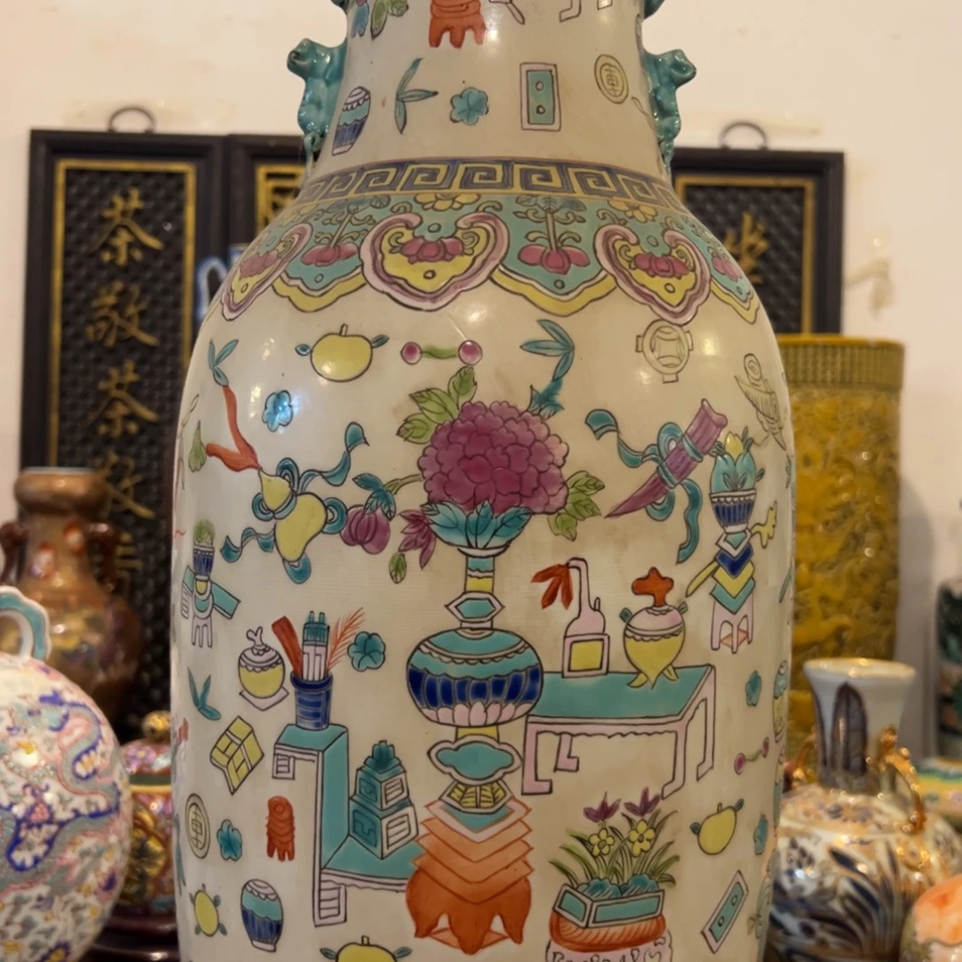 茶***树摆件粉彩博古纹赏瓶