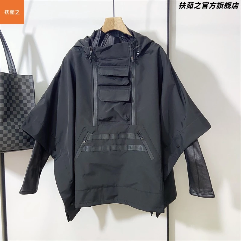 新款暗黑山本风格设计师款式连帽七分袖夹克蝙蝠衫翼装上衣外套男