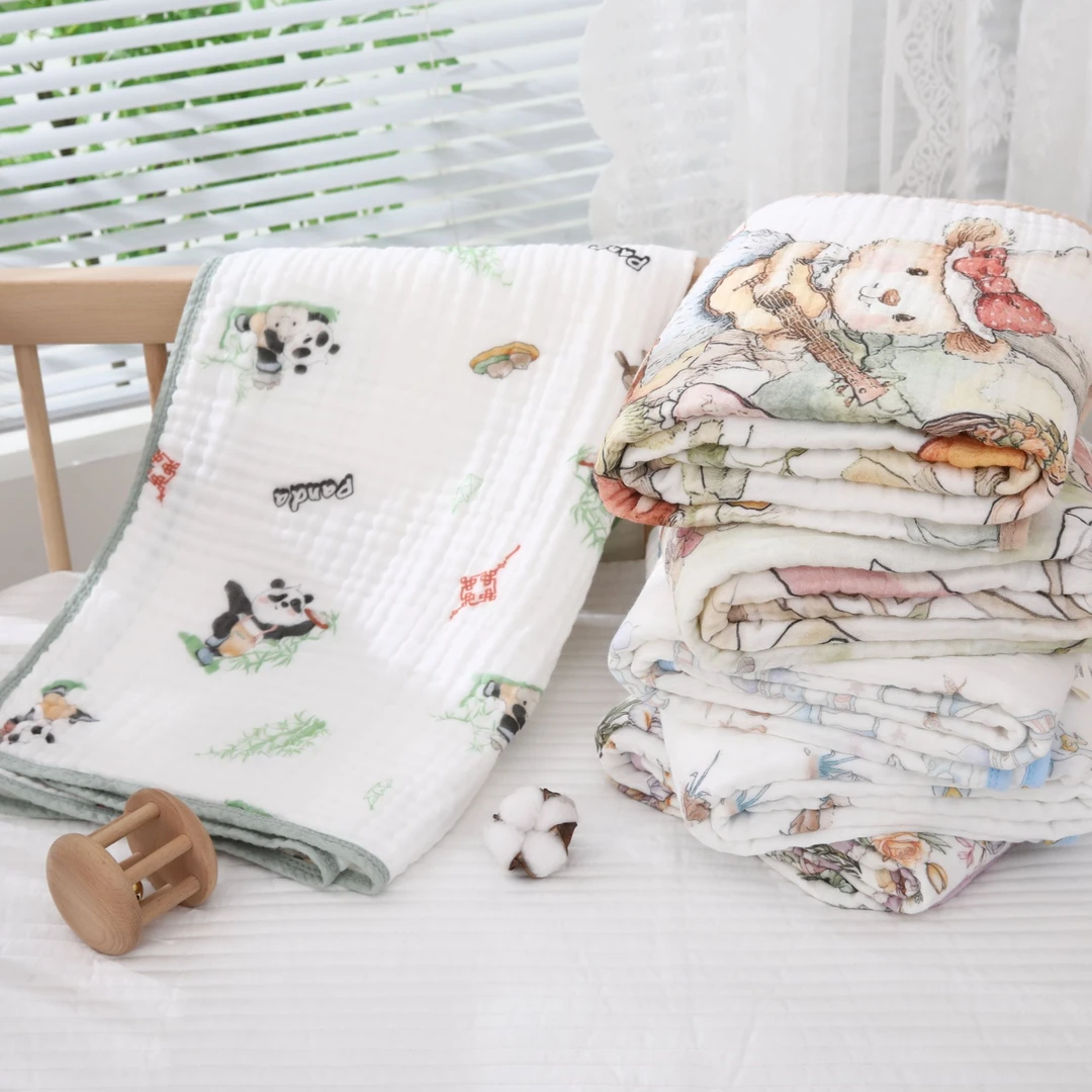 六层精梳纯棉数码浴巾柔软亲肤抗菌防螨盖毯泡泡纱浴巾