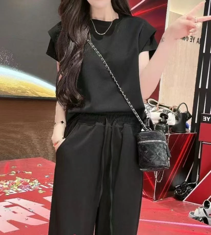 X24143女装时尚短袖极简风城市运动风阔腿裤套装