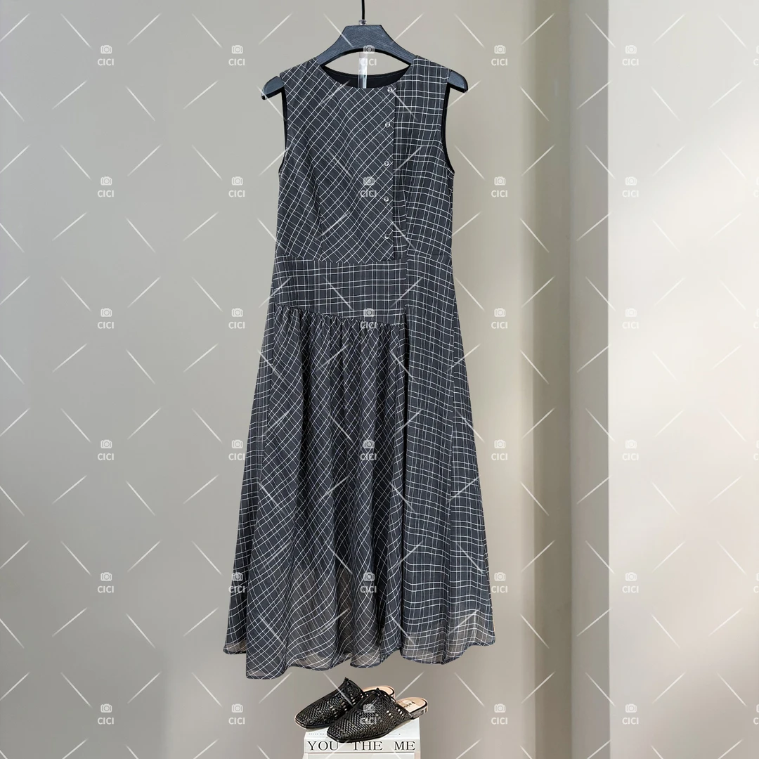 钢琴舞曲 高级感茶歇法式桑蚕丝天 丝混纺无袖连衣裙YL-6000589