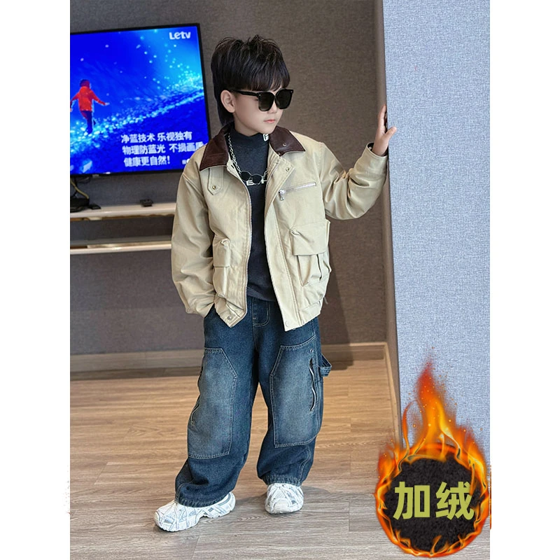 男童冬季夹棉拼接翻领工装外套中大童百搭加厚休闲棉服韩版棉袄