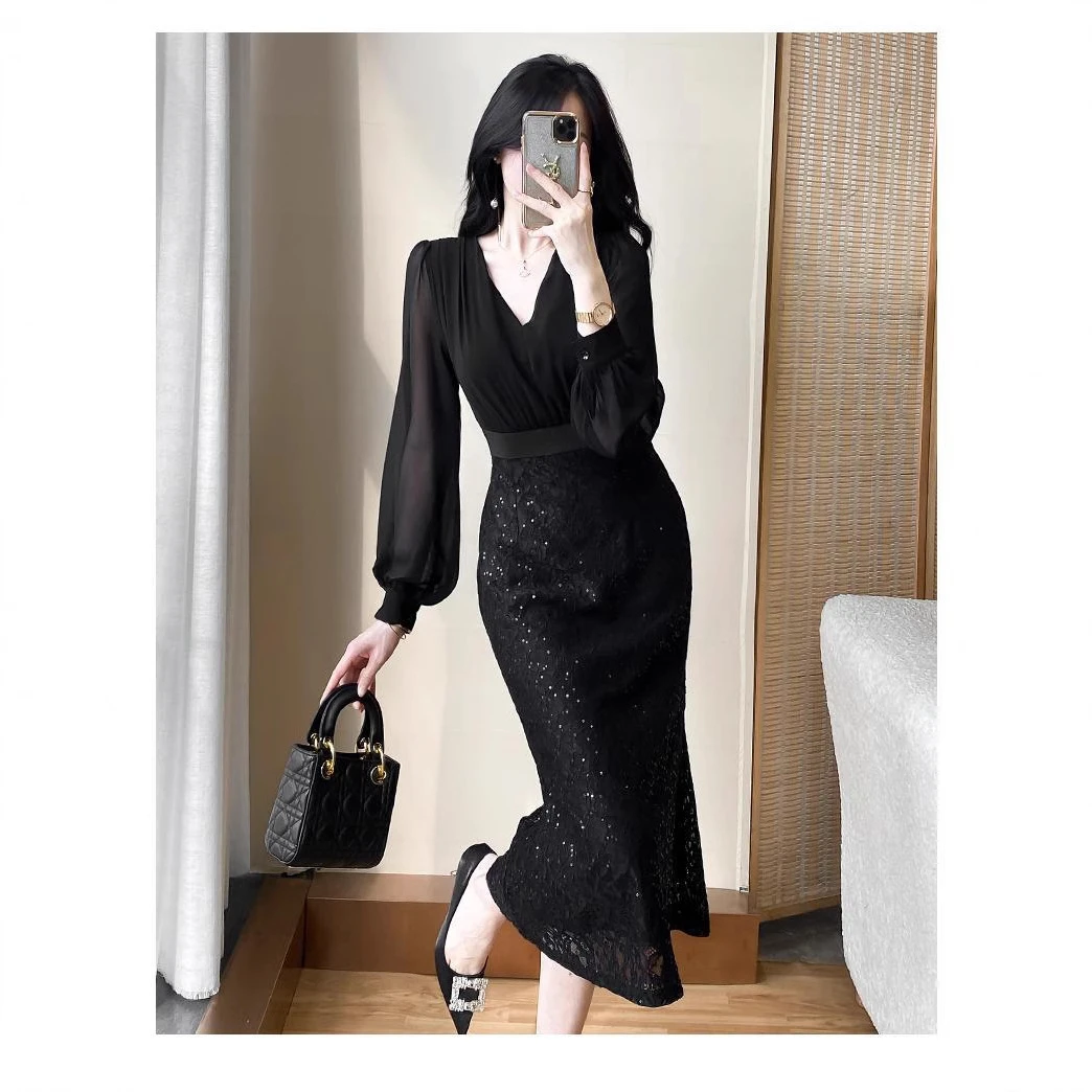 2025春夏新款轻奢修身包臀蕾丝气质连衣裙女黑色显瘦长裙鱼尾裙