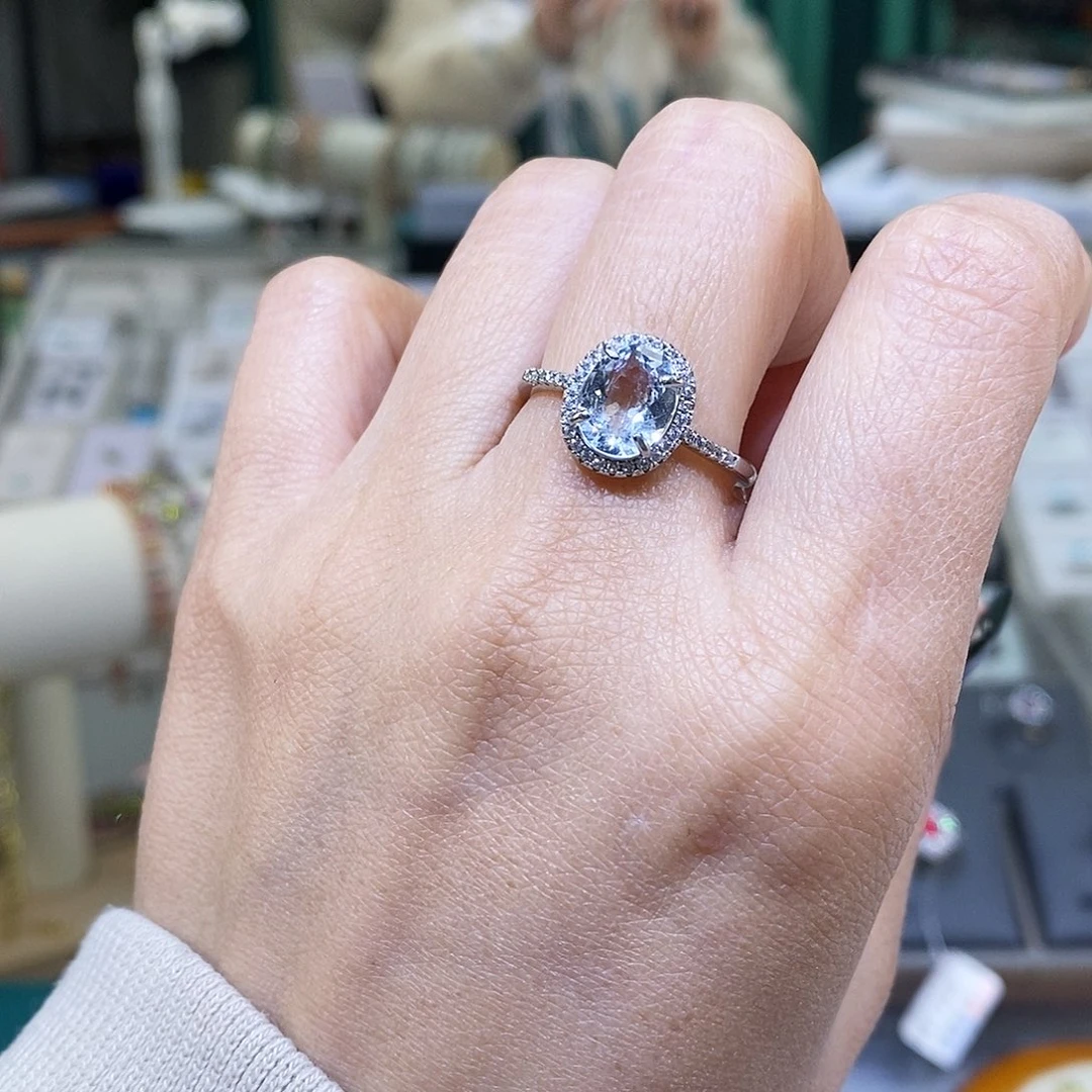 海蓝宝石戒指银S925镶嵌天然海蓝宝戒指