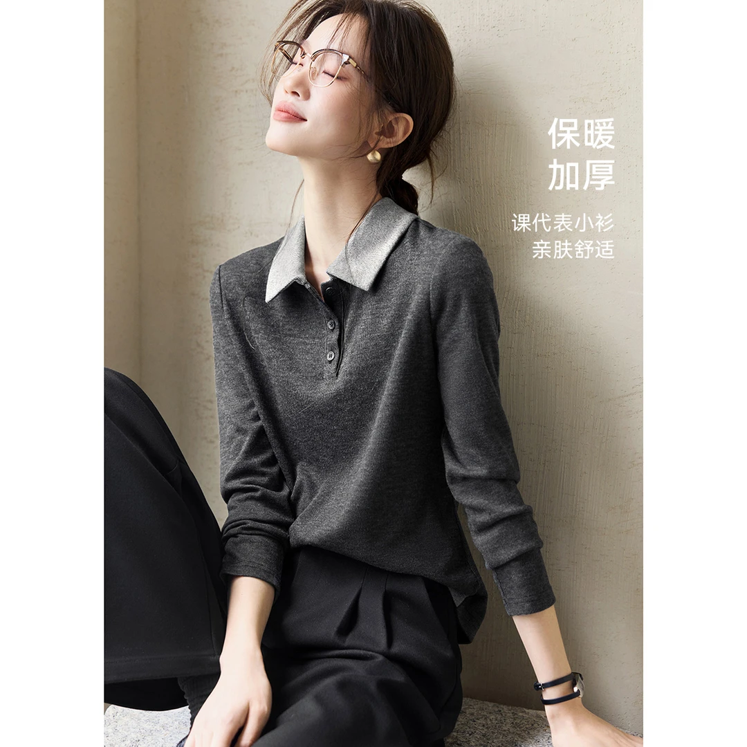 撞色拼接亲肤polo领t恤女2025秋冬季新款时髦百搭保暖加厚小衫潮