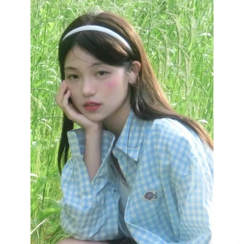 【假两件】慵懒风粉色格子vintage衬衫长袖外套女秋冬款宽松甜美上