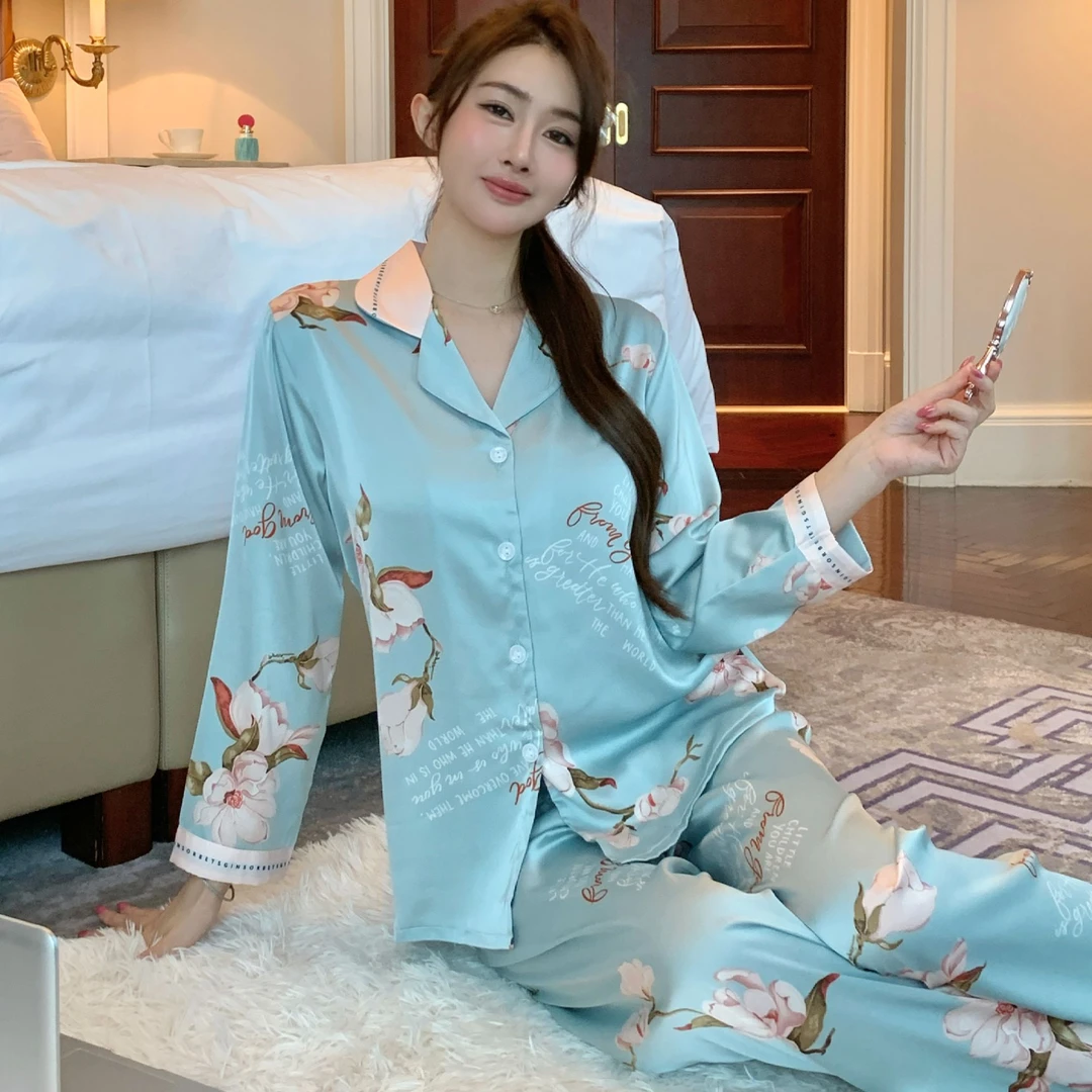 欧若风2025春秋新款蓝花长袖长裤睡衣女宽松家居服套装舒适