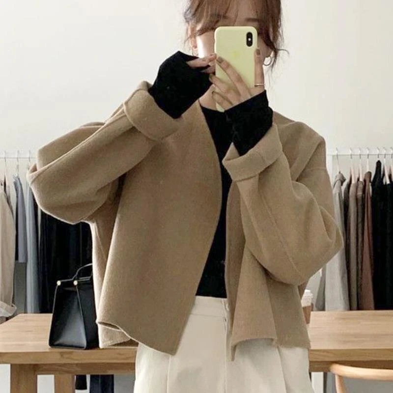 韩国极简主义秋冬气质领宽松百搭泡泡袖双面毛呢短款外套女