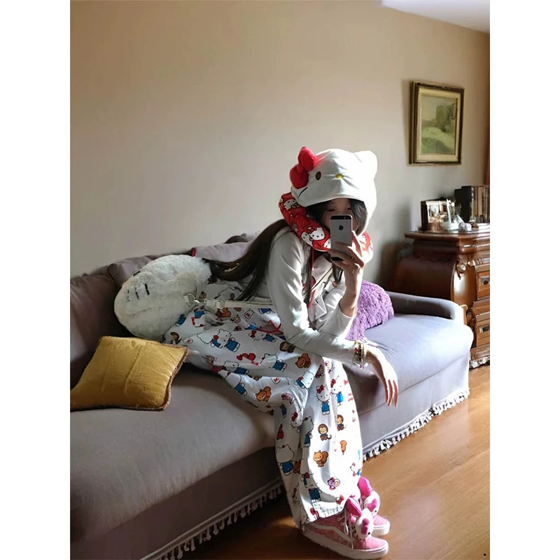 卡盛KT猫白色背带裤女2025春季新款复古百搭慵懒感小众宽松阔腿裤