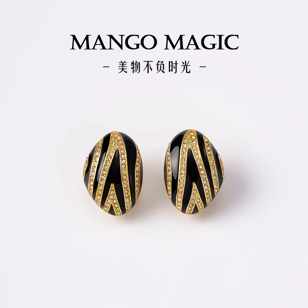mango magic 铜合金耳饰 小众高级耳饰黑金配色椭圆耳钉 9945