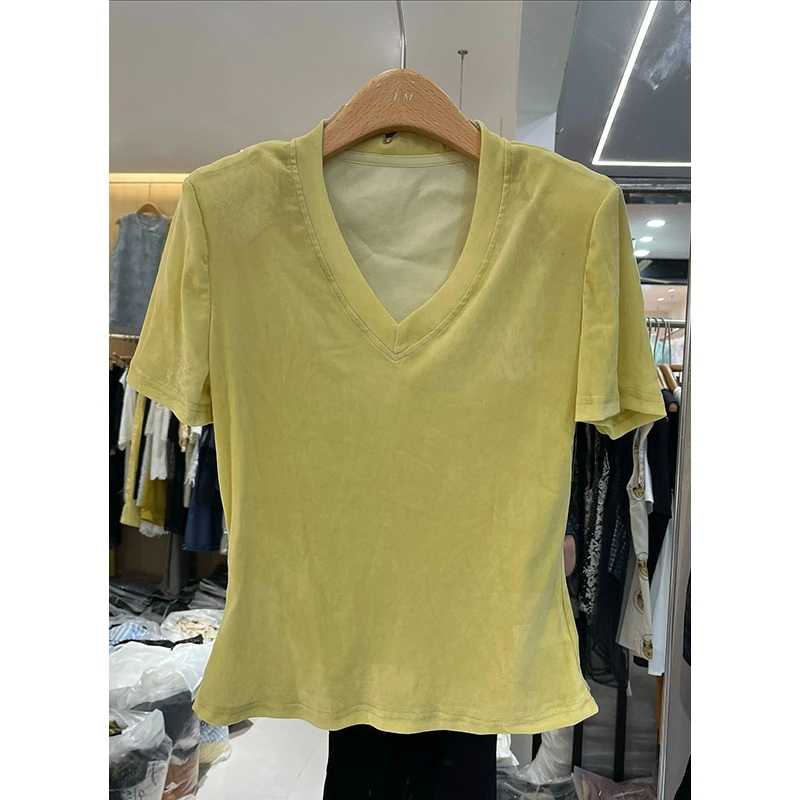 v领简约百搭丝绒短袖t恤显瘦打底衫上衣女星星 F9129