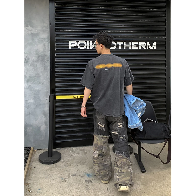 PLTH*美式高街重磅设计感图案印花情侣宽松休闲纯棉小领口短袖男