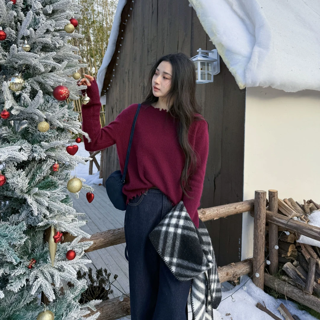 euri紫薇花开丨康宝莱羊绒白厂丝丨破边圆领套头羊绒衫-MY6441