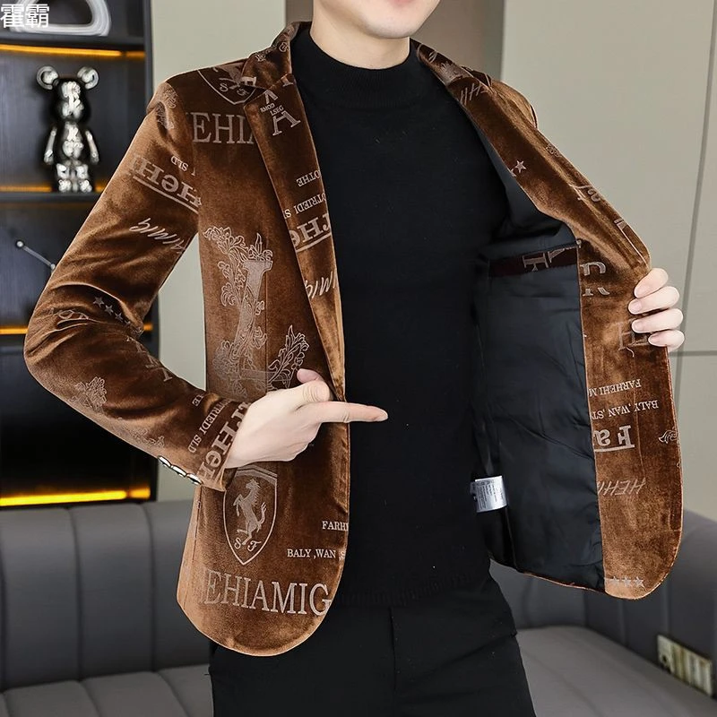冬季潮牌发型师西服男士金丝绒休闲个性提花单西外套痞帅男士上衣