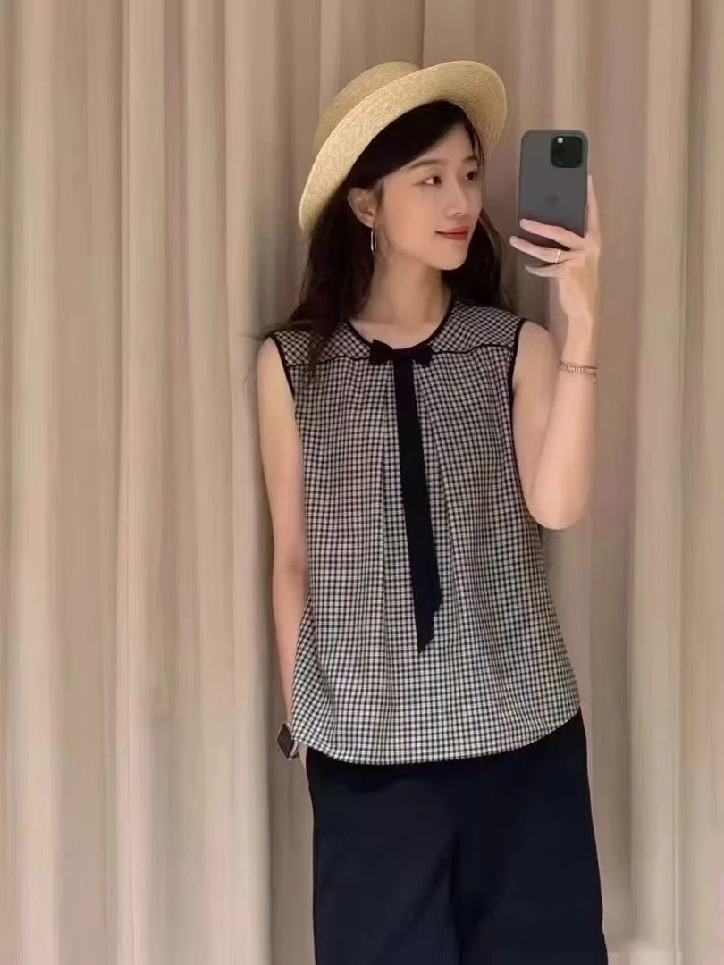 2025年夏季新款韩版设计感小众拼接领网红中长款格子上衣女