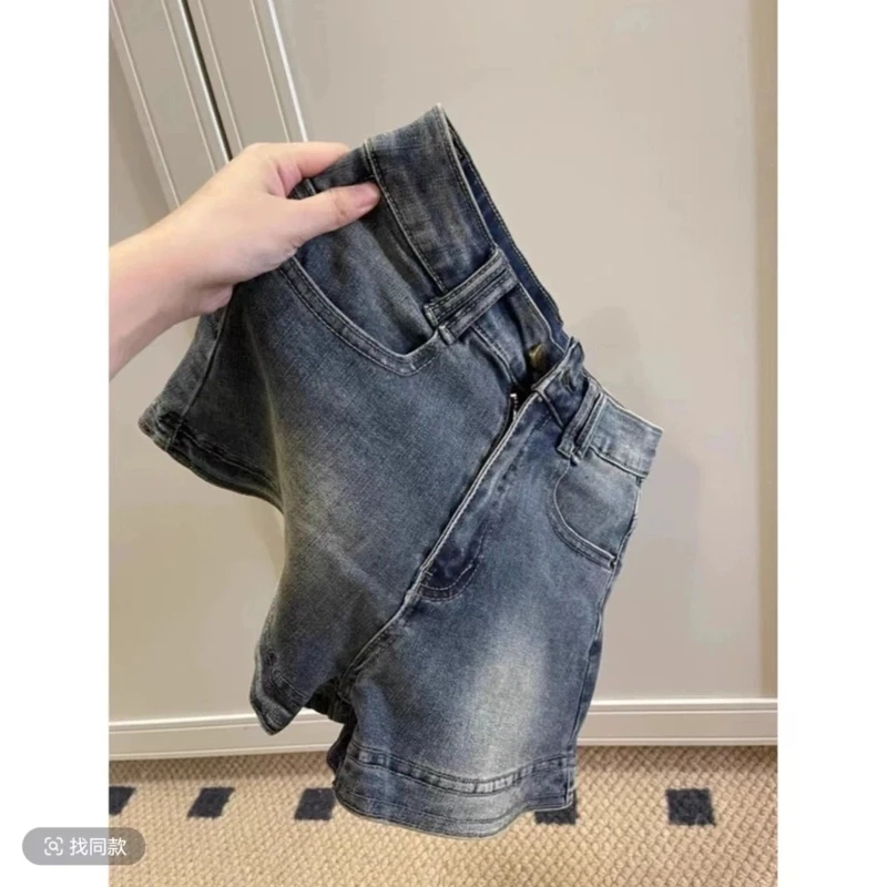 美式复古高街牛仔短裤女夏季薄款辣妹高腰修身显瘦做旧a字热裤子
