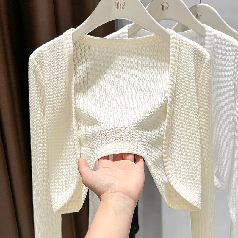 波浪纹甜美镂空蕾丝长袖开衫设计感气质吊带外搭坎肩薄透短款外套