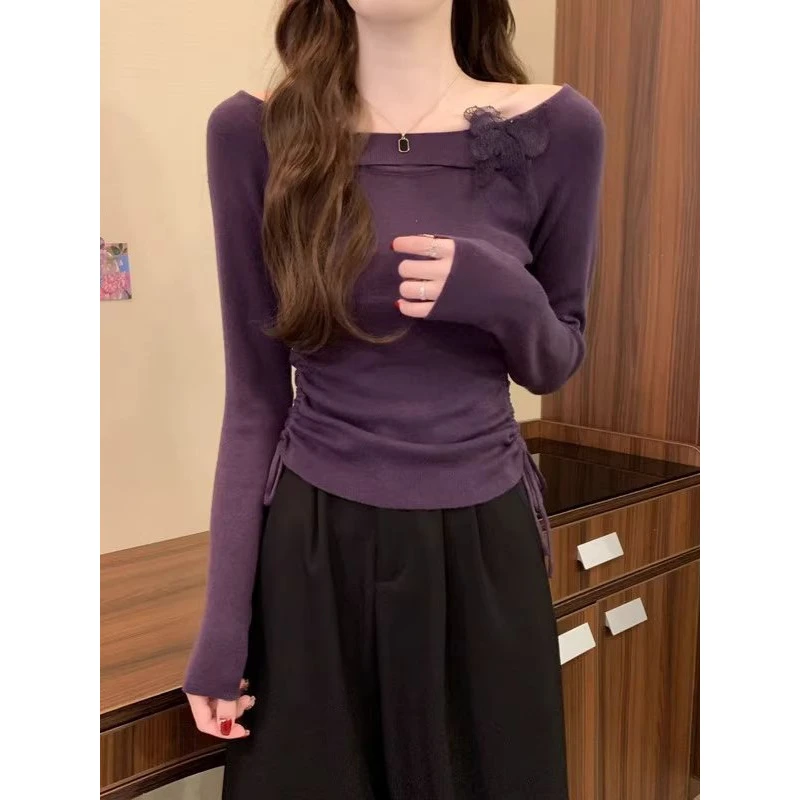 紫色立体蝴蝶长袖针织衫女秋冬纯欲风甜辣妹收腰抽绳法式打底上衣