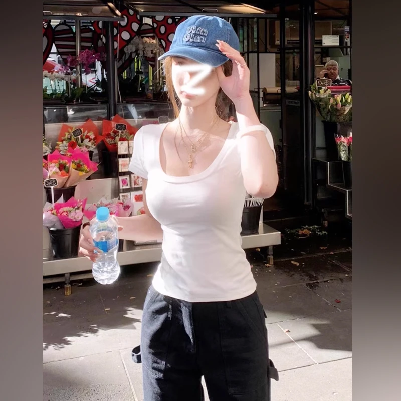 美式棉质U领正肩短袖t恤女夏季2025新款紧身纯欲辣妹掐腰白色上衣