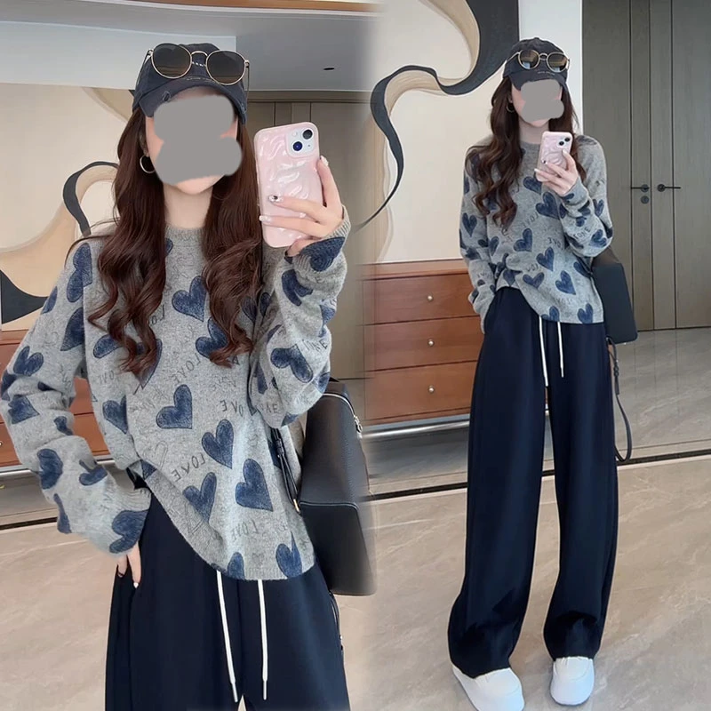 欧洲站高级感套装女2025年春秋新款爱心长袖针织毛衣阔腿裤两件套