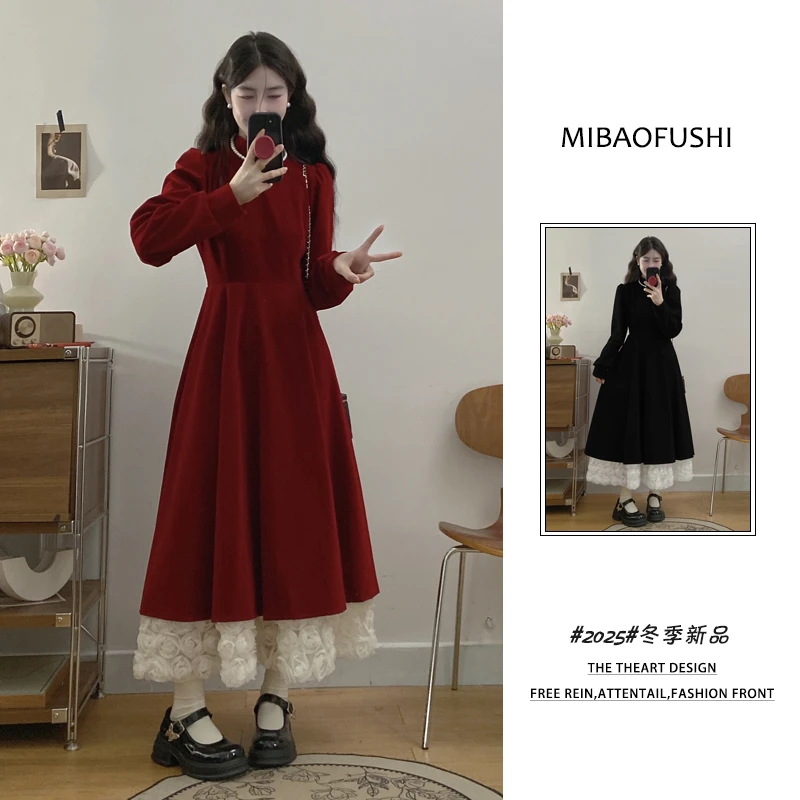秋季穿搭一整新款2025跨新丝绒红色连衣裙公主裙长裙子