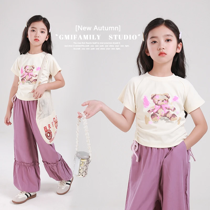 0769442女童t恤短袖2025新款粉色抽绳小熊短款上衣儿童宽松裤子夏
