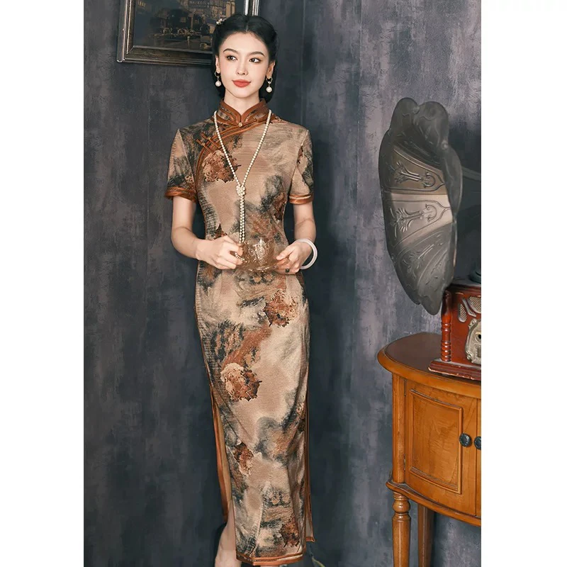 8795-cd 春夏妈妈礼服旗袍女2023新款大码连衣裙改良长款复古