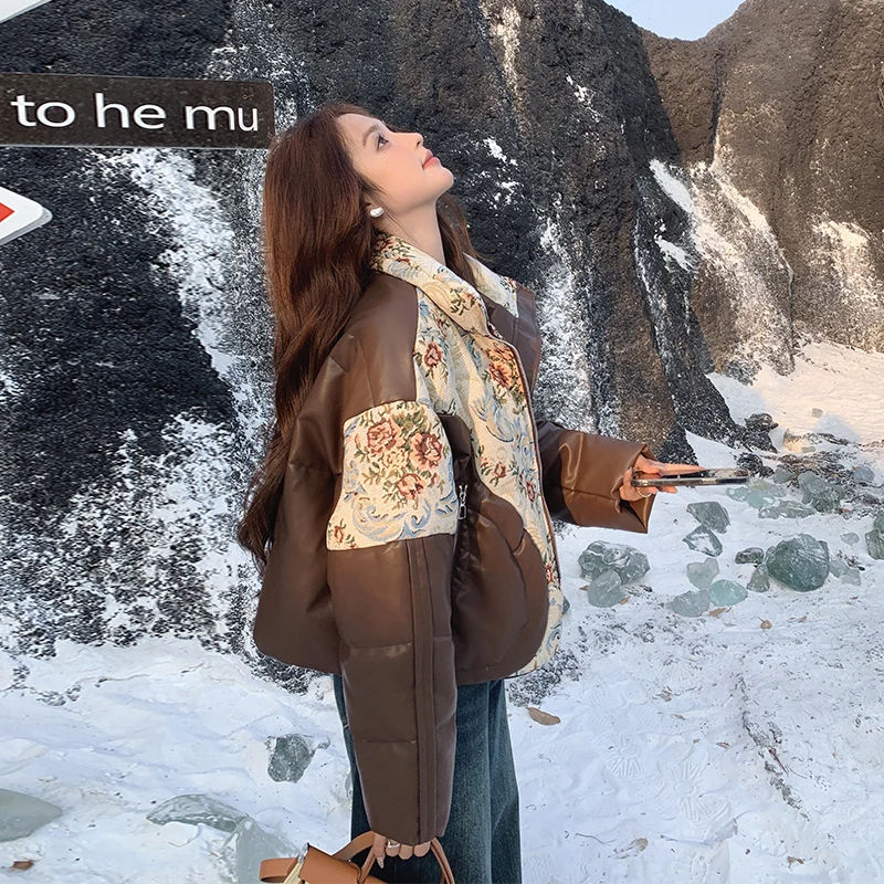 新中式提花小香风皮衣羽绒服2025新款女冬复古高级感短款加厚外套