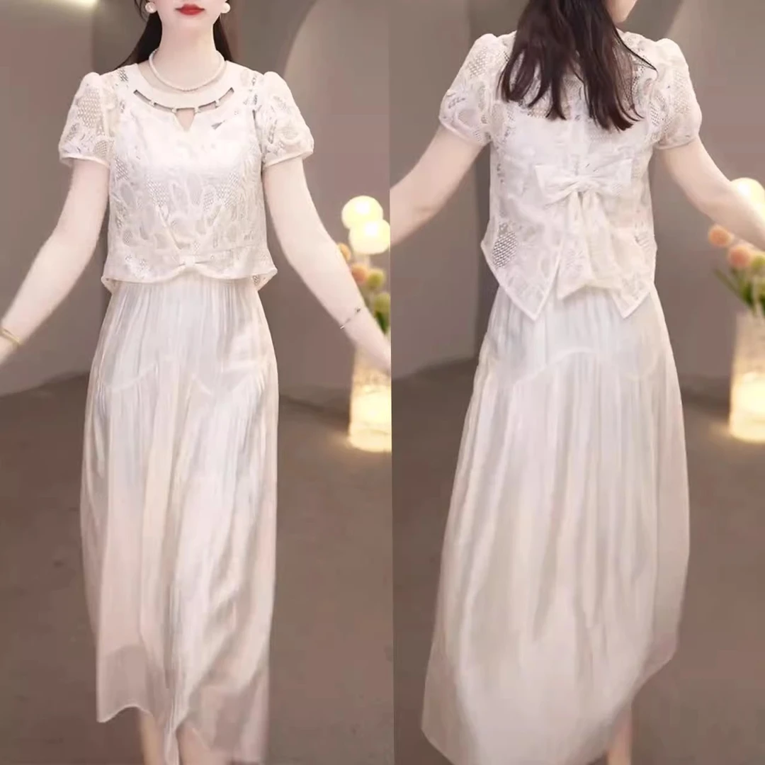 后背罩衫上衣气质连衣裙两件套显瘦时尚法式小众收腰夏季新款套装