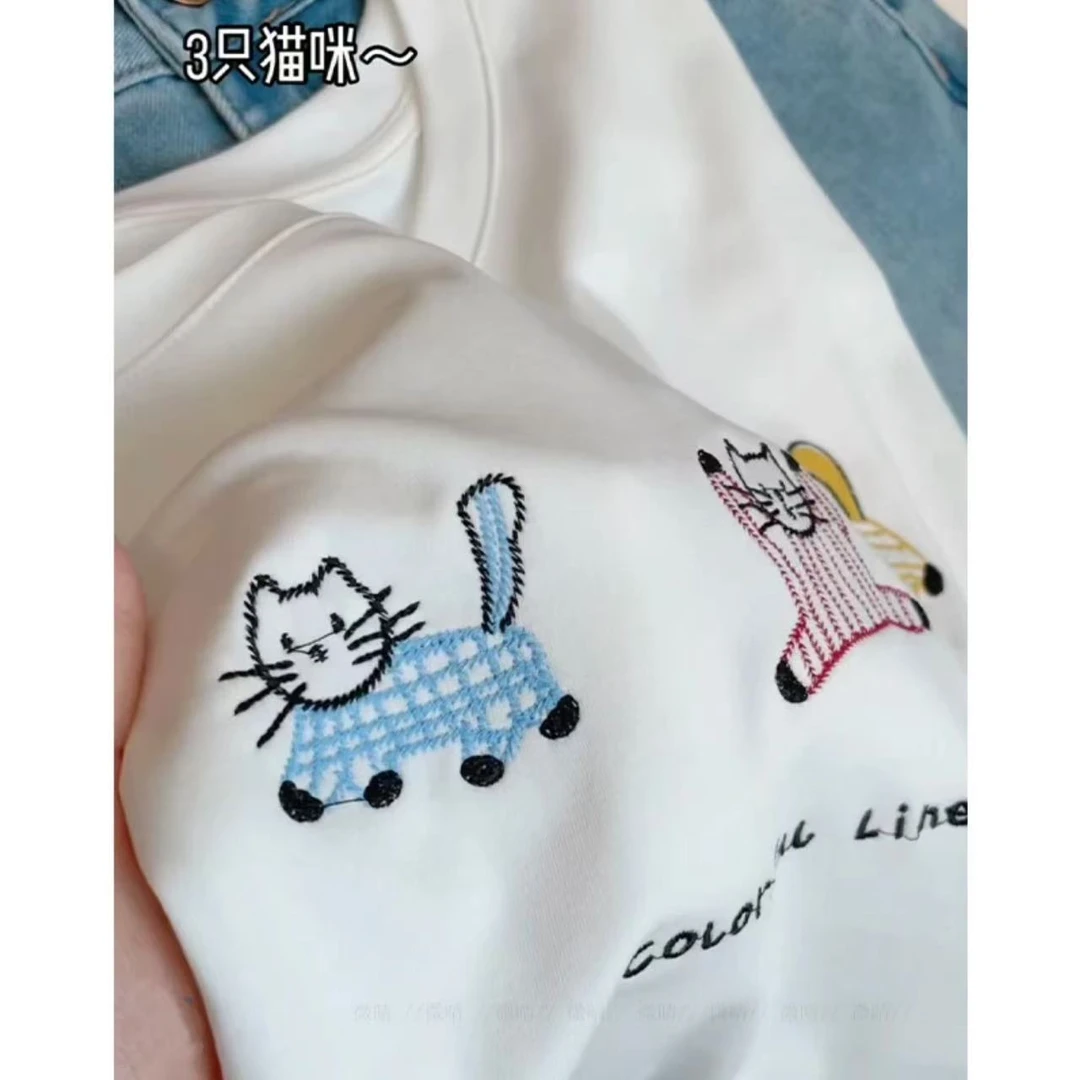 重工刺绣【三只猫咪~】百搭圆领卡通小猫刺绣短袖T恤25031