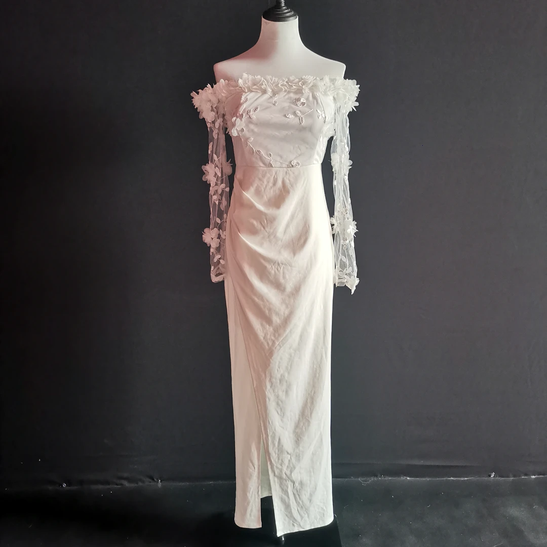 XS S码 一字肩 纯白色 立体花 气质 修身 开叉 裙长138cm