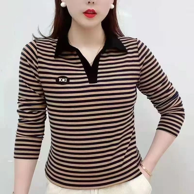 翻领长袖t恤女春秋款小衫polo中年洋气休闲上衣大码微胖妈妈气质