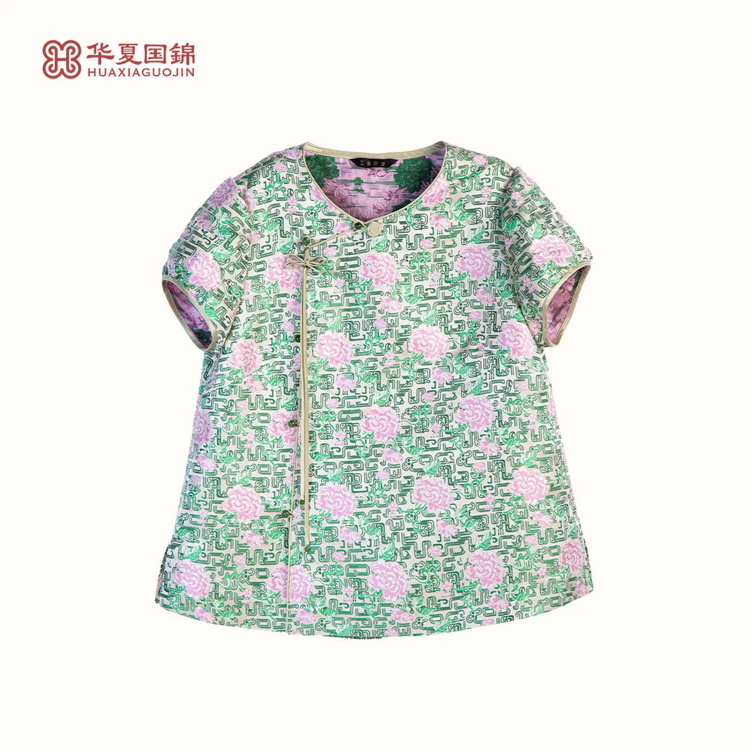 【四川工美蜀锦】新中式中国风米地青铜芙蓉纹蜀锦短袖上衣【莞香】