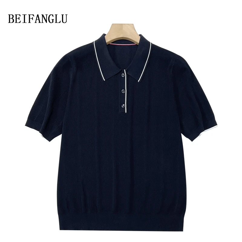 北方鹿  夏季凉感衫！气质百搭POLO领撞色条纹针织短袖T恤女W9919