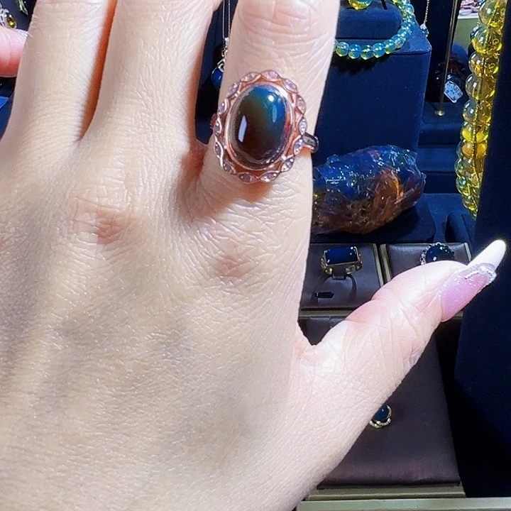 琥珀颈饰银S925镶嵌墨西哥红蓝珀