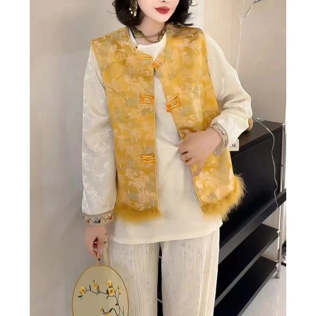 新中式国风提花拼接毛毛大码女马甲外套2516