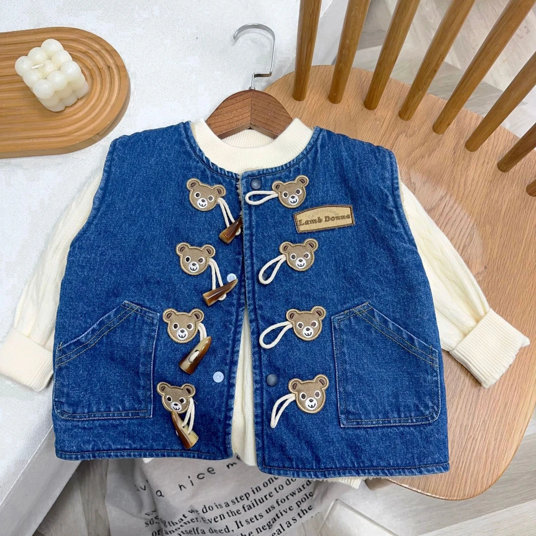儿童加绒牛仔马甲宝宝背心2025秋季日系牛仔男女童马夹舒适背心潮