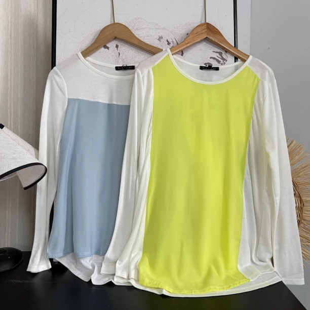 6385两色拼色钱短后长显瘦通勤圆领长袖宽松百搭T恤