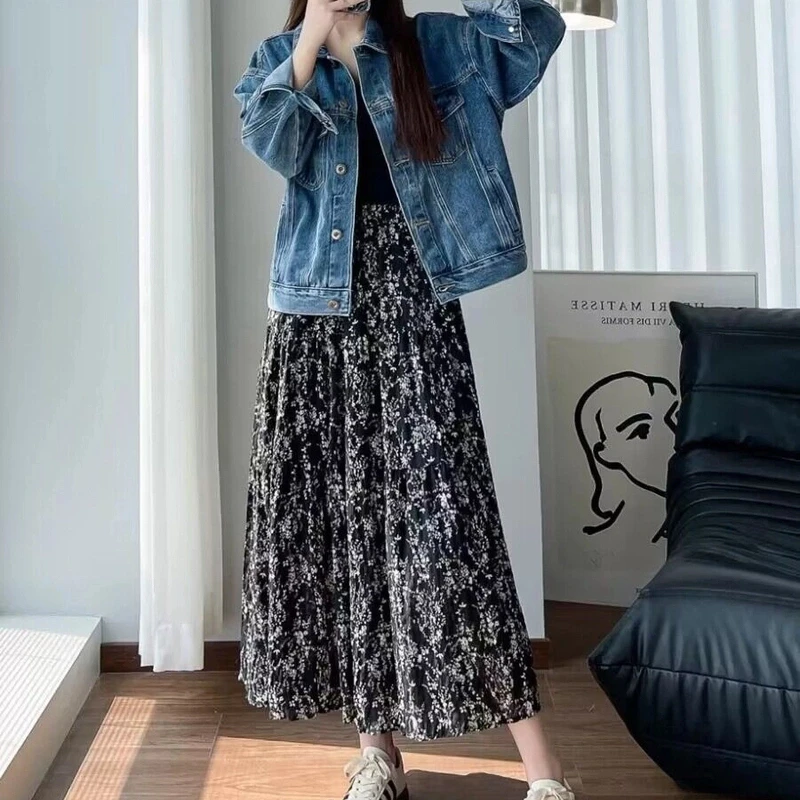 法式雪纺小碎花半身裙a字大摆伞裙女夏复古高腰垂感显瘦百褶裙子