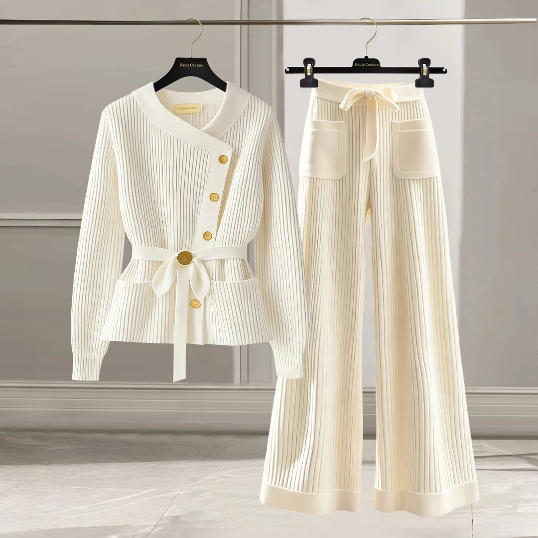 秋季轻熟风穿搭收腰显瘦针织毛衣外套洋气减龄阔腿裤子两件套装女