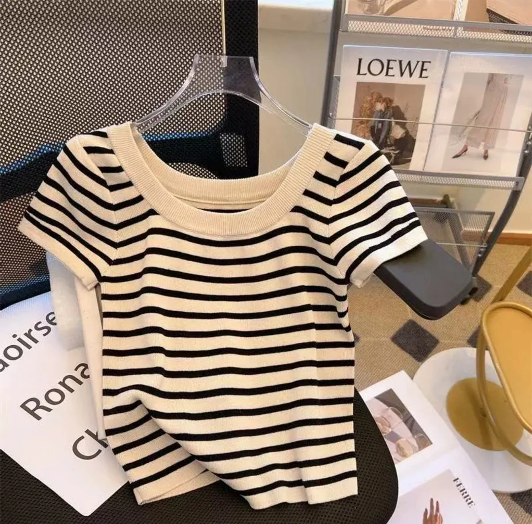 董小姐专属女条纹T恤小个子露锁骨黑白背心新款短袖学院风圆领