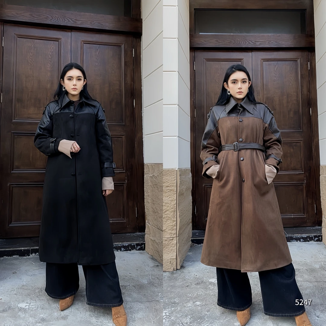 女士中长款拼接PU皮风衣POLO领单排扣长袖洋气显瘦外套YF5247