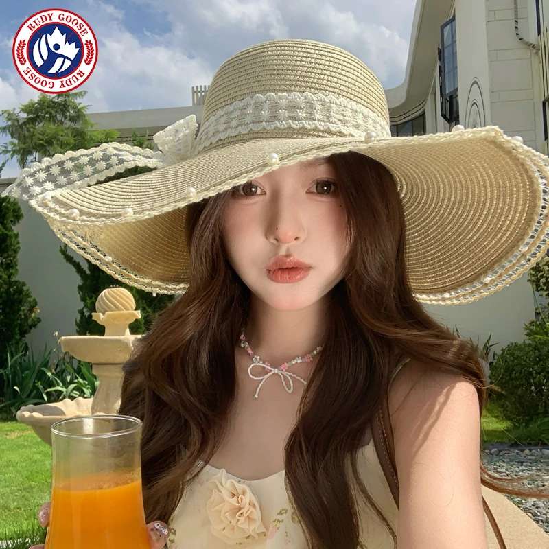 RUDY GOOSE夏季法式草编帽女大帽檐海边度假蝴蝶结蕾丝遮阳防晒帽
