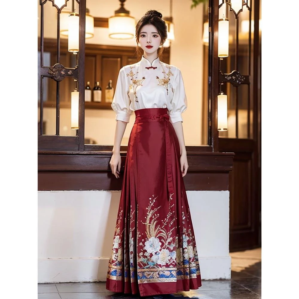 五分袖绣花上衣马面裙套装2025夏季新款新中式复古气质时尚两件套