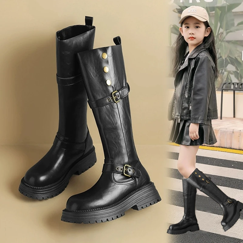 女童高筒靴2025秋冬季新款儿童长筒靴中大童百搭长靴防滑女童皮靴