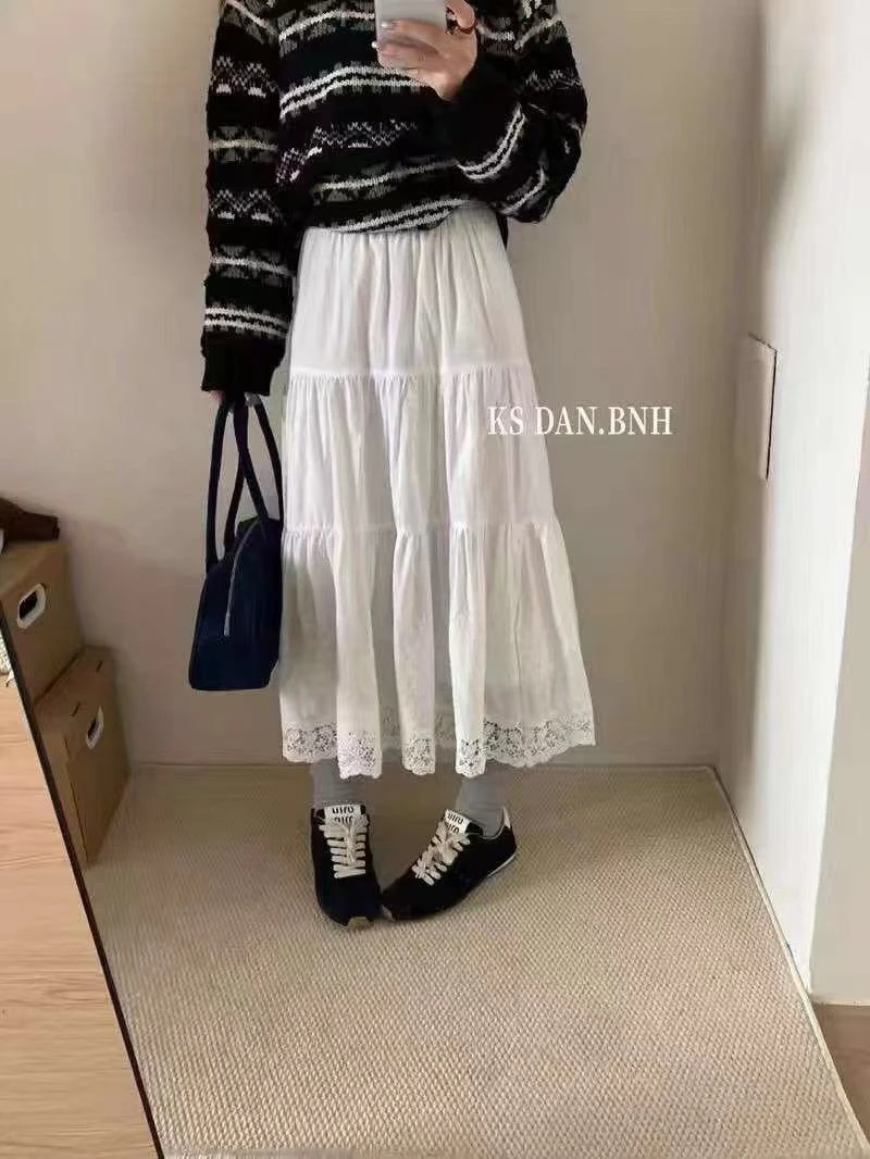 白色松紧腰蕾丝花边拼接半身裙女2025早春新款A字长裙