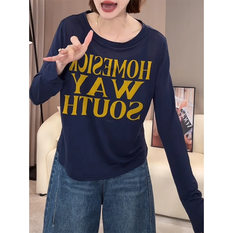 长袖圆领防晒T恤女2025年夏季新款港风复古chic休闲显瘦潮牌上衣